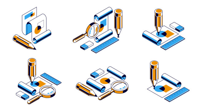 Engineering project concept set, paper document blueprint with pencil engineer work job vector 3D isometric illustration, abstract plan drawing, cad scheme icon.
