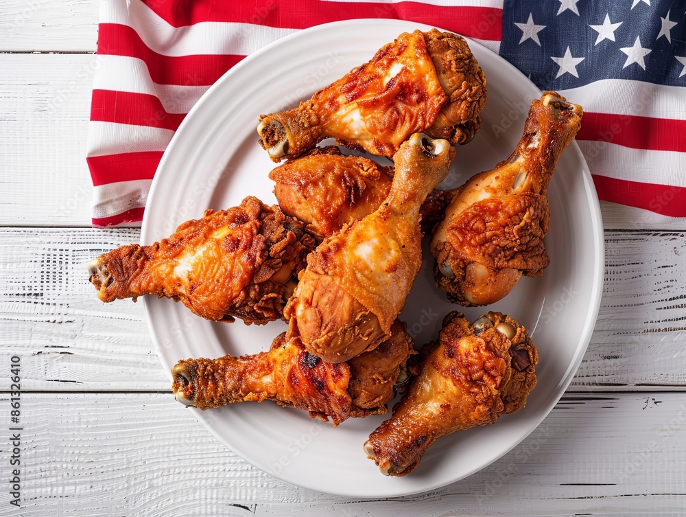 Sticker A Plate of Crispy Fried Chicken Drumsticks, Accompanied by an American Stars and Stripes Flag.