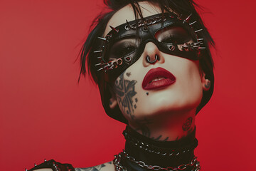 Woman wearing spiked leather mask and red lipstick against red background