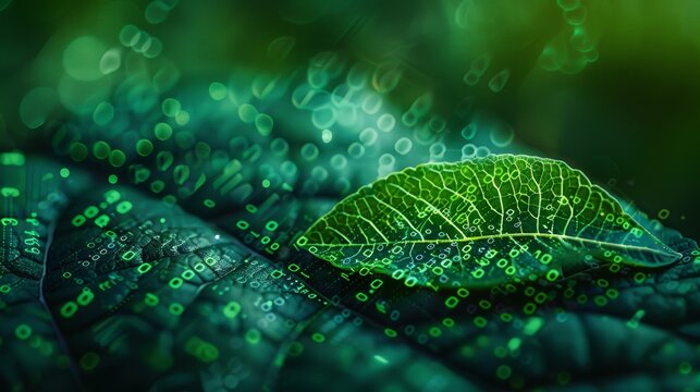 A conceptual illustration of a green binary code pattern forming the image of a leaf, emphasizing the connection between coding and the environment.