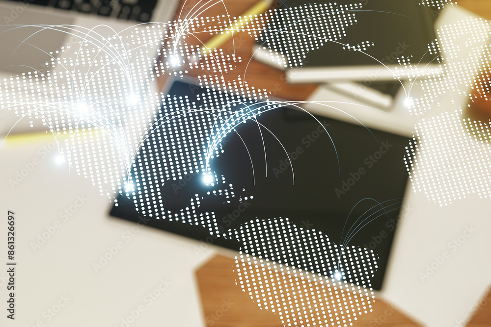 Poster double exposure of abstract digital world map with connections and digital tablet on background, top