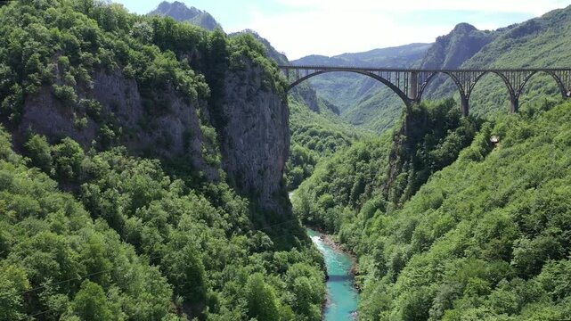 Aerial view on Djurdjevica arch bridge over the Tara River in northern Montenegro,