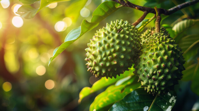 Detailed close-up of fresh soursop fruits hanging on a tree, with vibrant green leaves and sunlight in the background.