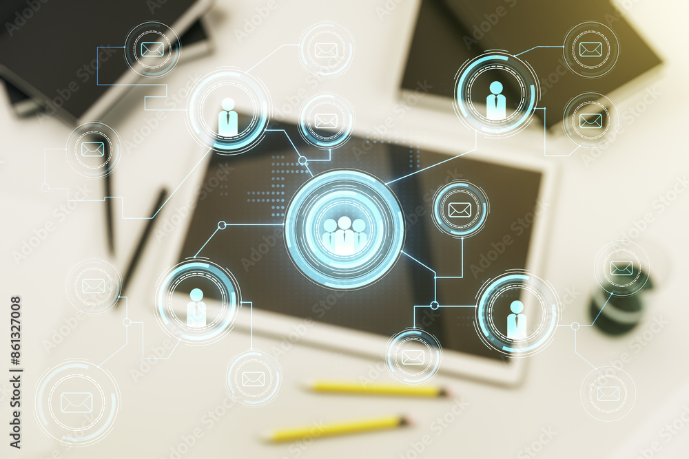 Poster double exposure of social network icons concept and digital tablet on background, top view. marketin