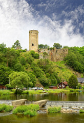 River Luznice and old ruin of Dobronice castle. Dobronice u Bechyne, South Bohemia, Czech republic