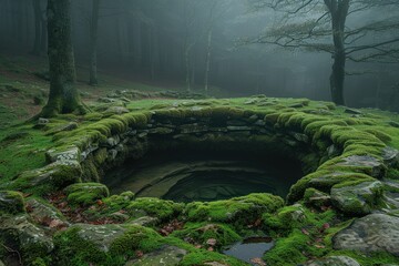 The entrance to an ancient and mysterious well is hidden deep within a mystical forest, covered with moss and surrounded by trees, evoking wonder and curiosity.