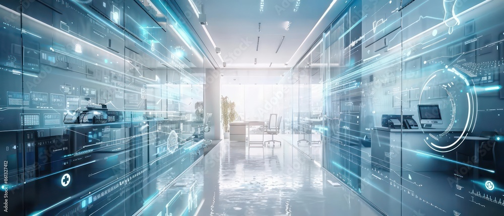 Poster conceptual image of a digital healthcare management system in a hightech business office with ample 