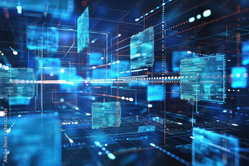 Poster conceptual image of a digital management system for future business operations with ample copy space
