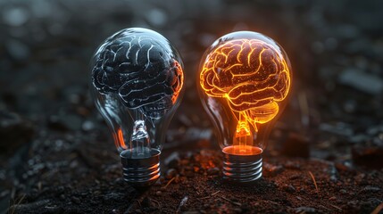 Dual Light Bulbs with Brain Illustrations, One Glowing