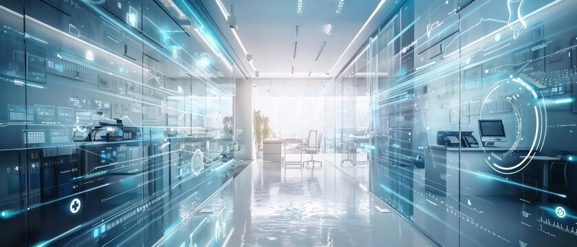 Conceptual image of a digital healthcare management system in a hightech business office with ample copy space