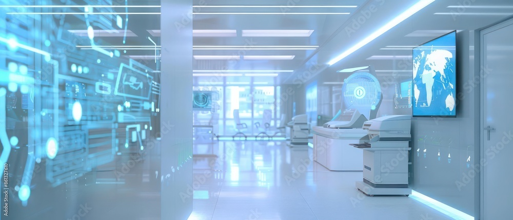 Poster conceptual image of a digital healthcare management system in a hightech business office with ample 