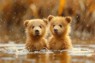 Two adorable bear cubs are seen frolicking and playing in the water while it rains, creating a heartwarming and joyful scene in their natural habitat.