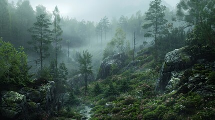 Rocky terrain and features of the foggy forest