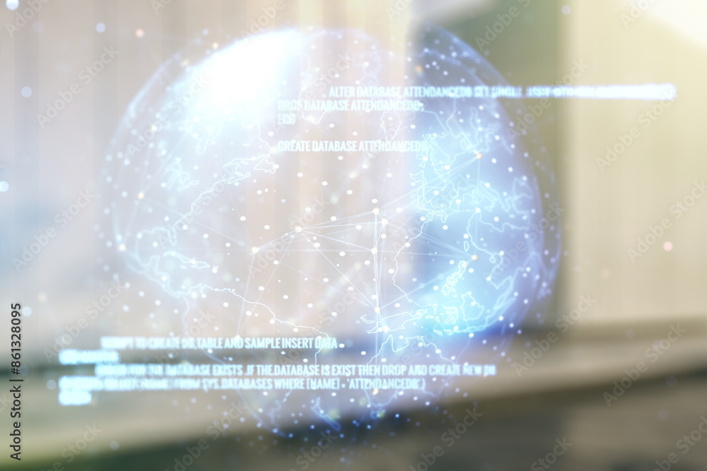 Aufkleber multi exposure of abstract creative coding sketch and world map on blurry modern office building bac