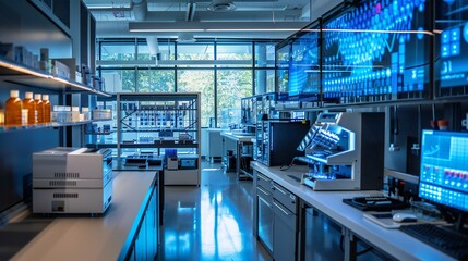 State-of-the-art research lab with integrated AI systems and high-speed data processing.