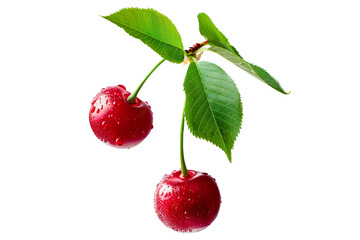 Two fresh juicy cherries with green leaves isolated on a white background, Perfect for healthy snacks.