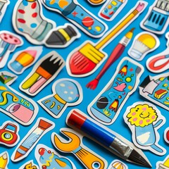 A variety of tools and other objects are arranged on a blue background. The objects are all drawn in a cartoon style and have bright colors.