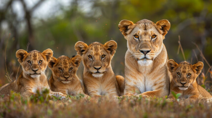 Obraz premium Lioness lying with her four cubs in the savannah, showcasing wildlife family dynamics and natural behavior in the wild.