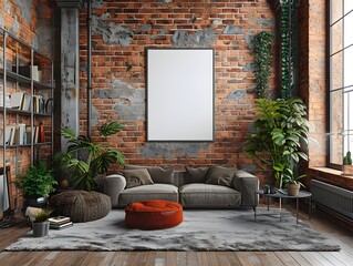 Mockup of a White Background Frame Displayed in a Modern Loft Apartment Setting with Exposed Brick Walls Industrial Style Furnishings and Lush Potted Plants Creating a Cozy and Inviting Atmosphere