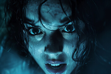 A dramatic close-up of a woman's face with wide eyes and wet hair, capturing a moment of intense emotion and fear, creating a powerful and captivating image