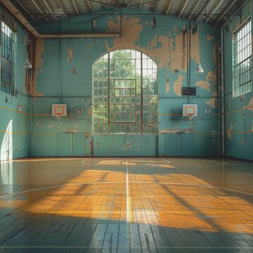 An old abandoned basketball court with a large window and a wooden floor.