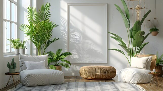 A clean and minimalist showcasing a white background frame against a bright airy living room backdrop with a neutral color palette potted plants adding a touch of greenery
