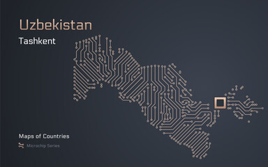 A vector map of Uzbekistan created from a microchip pattern, with the capital Tashkent depicted as a microchip