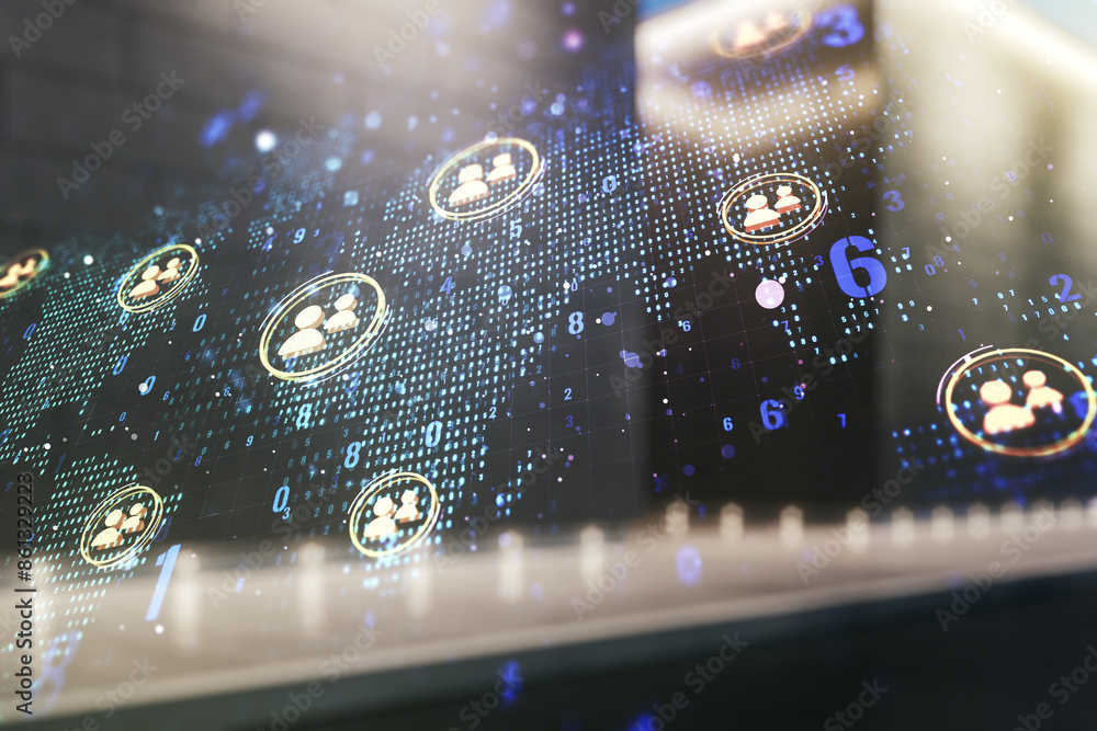 Poster double exposure of social network icons interface and world map on contemporary business center exte