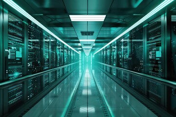 Fototapeta premium Futuristic data center with a sleek supercomputer interface and plenty of space for copy