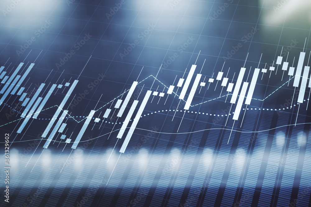 Poster multi exposure of virtual abstract financial graph interface on blurry contemporary office building 