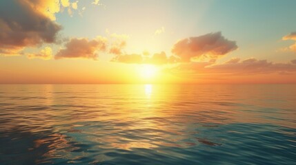 Fototapeta premium A peaceful ocean scene with the sun setting below the horizon, casting warm hues across the water. Generative AI