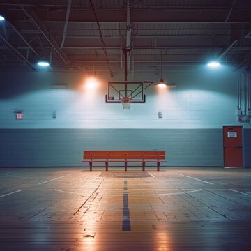 The image shows a basketball court with a single bench. The court is lit by a few lights.
