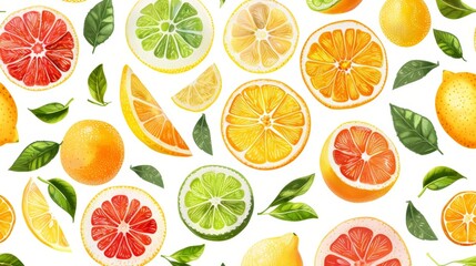 A vibrant seamless pattern of citrus fruits, including lemons, limes, oranges, and grapefruits.  Perfect for summery designs.