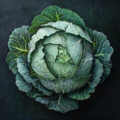 a realistic cabbage with green and white leaves. The cabbage is sitting on a dark surface.