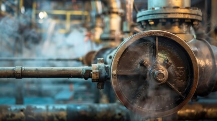 Close-up of a large steel valve with steam escaping, set against the complex network of pipelines in a factory