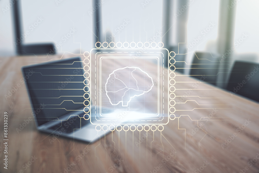 Poster Double exposure of creative human brain microcircuit with computer on background. Future technology and AI concept