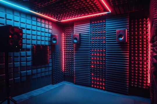 Futuristic soundproof recording booth with glowing digital controls and plenty of space for text