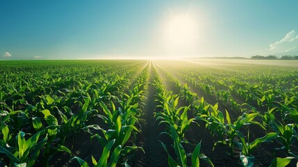 A field of green corn stalks with the sun rising in the distance.  The sun's rays shine through the morning mist.