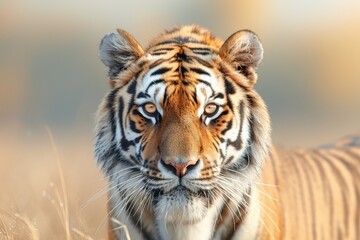 A close-up golden hour photograph of a tiger's face, with the warm light highlighting its striking features and intense gaze, creating a captivating and dramatic image