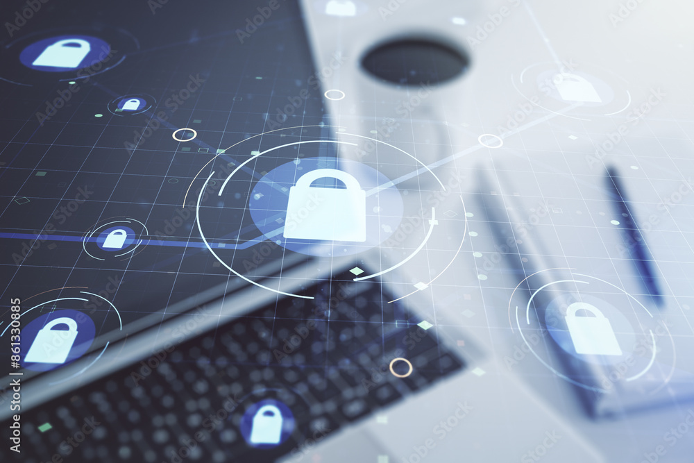 Poster creative light lock illustration with microcircuit on modern computer background, cyber security con
