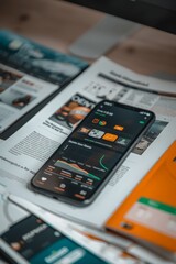 Betting on sports. Phone with graphs and diagrams forecasting football match outcomes on sports newspapers on table. Demonstration of betting calculations. Game, events, analysis, analytics.