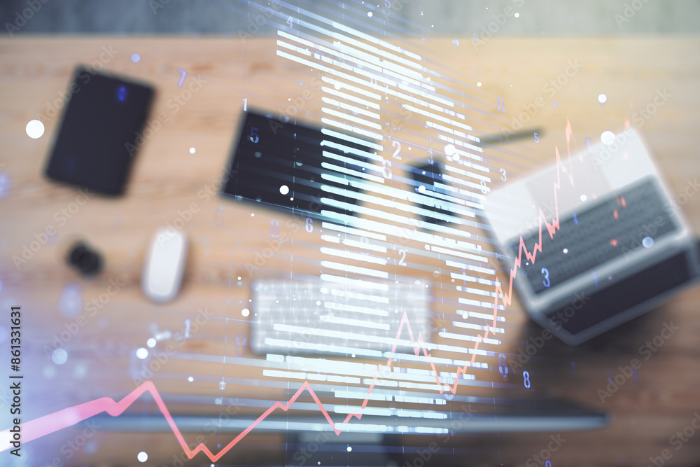 Poster double exposure of creative bitcoin symbol with modern laptop on background. cryptocurrency concept