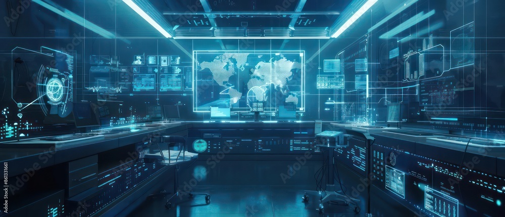 Poster hightech lab with holographic projections of animal robot schematics and clear space for text