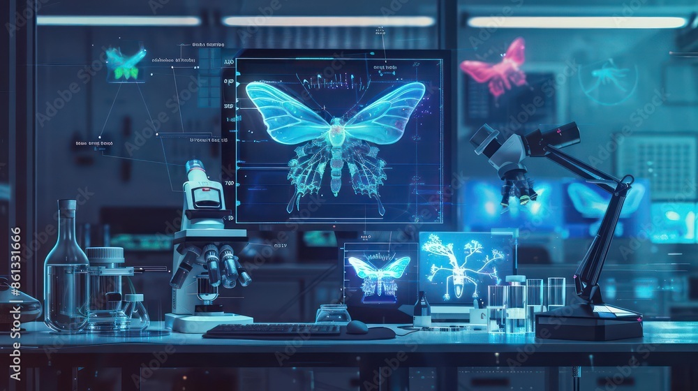 Poster hightech lab with holographic projections of animal robot schematics and clear space for text