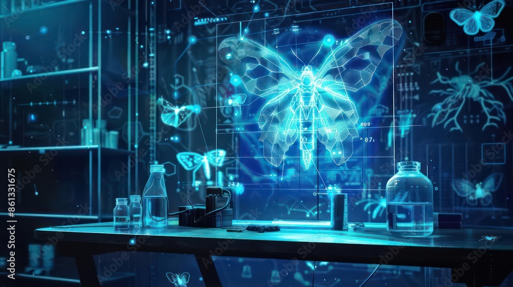 Poster hightech lab with holographic projections of animal robot schematics and clear space for text