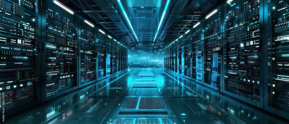 Poster hightech supercomputer server room with glowing digital interfaces and clear space for copy