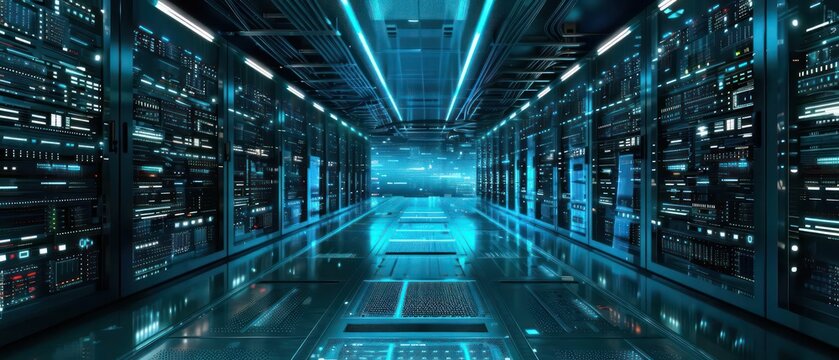 Hightech supercomputer server room with glowing digital interfaces and clear space for copy