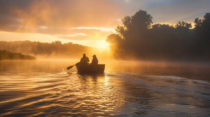 A man and a woman are in a boat on a lake, paddling towards the sun