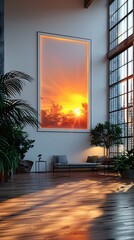 Dramatic Sunset Framed in Sleek Contemporary Loft Interior with Industrial Elements