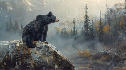 A Black Bear Perched on a Boulder